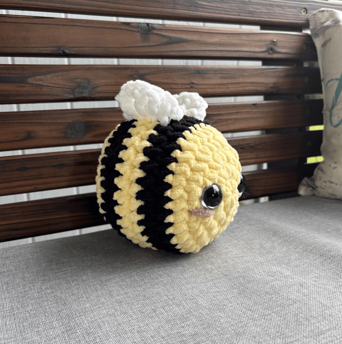 crochet barrel bee plushie | handmade amigurumi bee, round, kawaii, soft