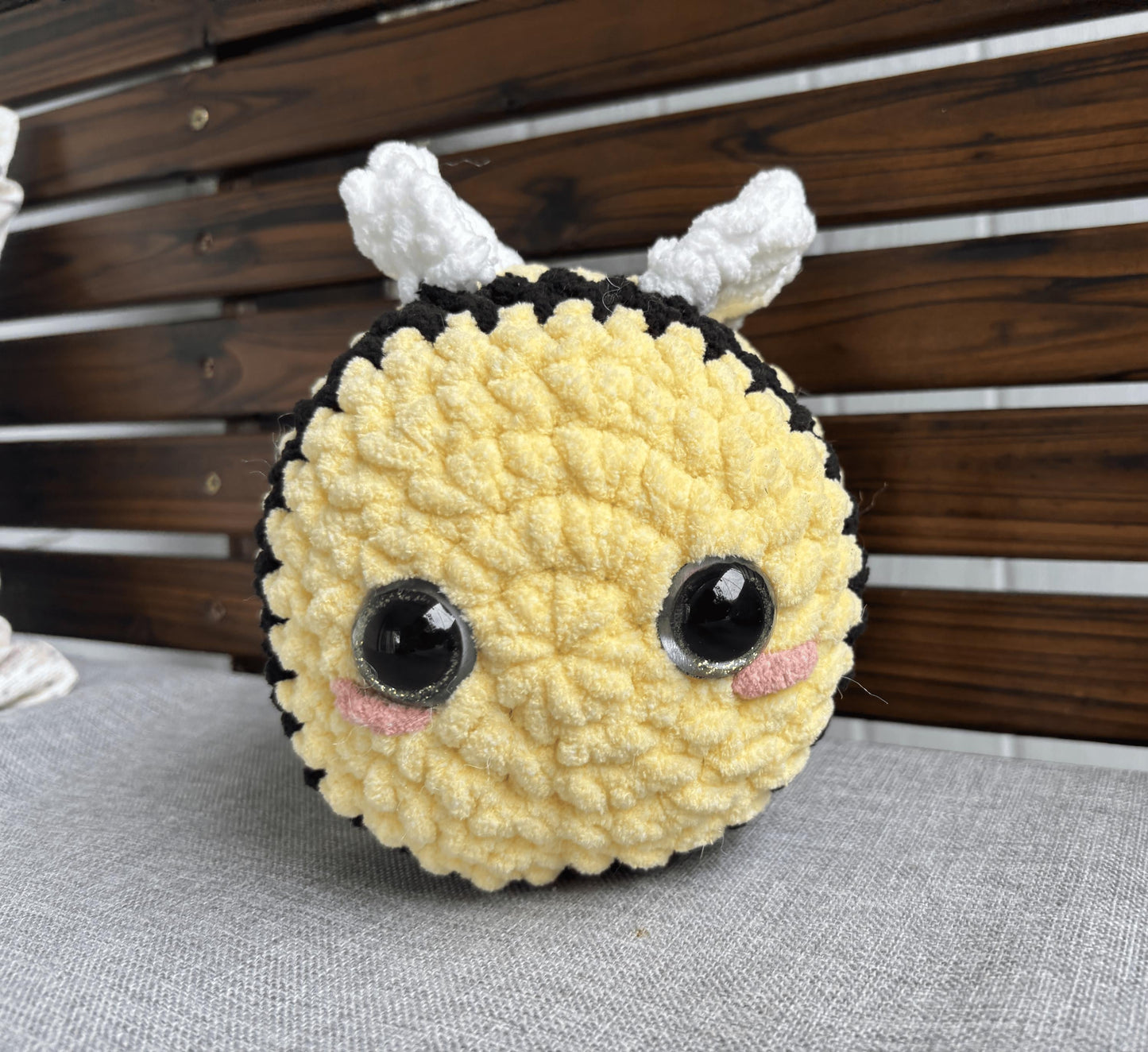 crochet barrel bee plushie | handmade amigurumi bee, round, kawaii, soft